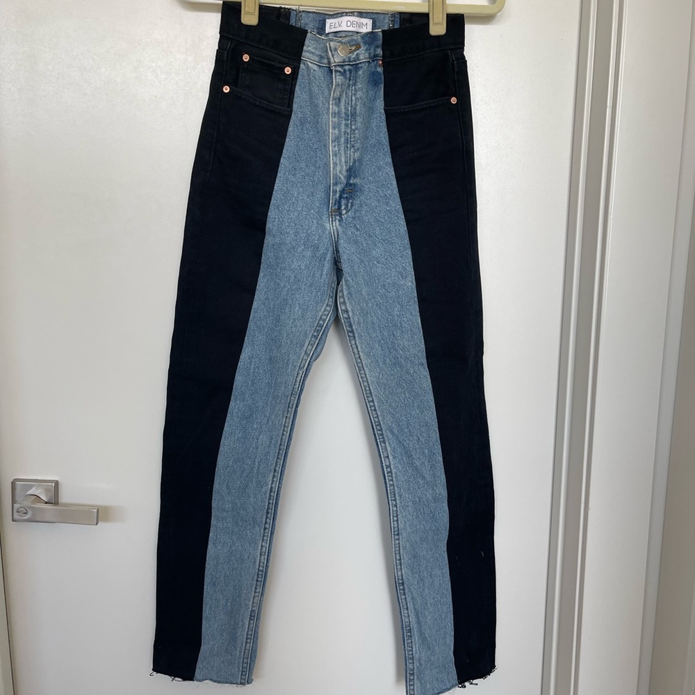 E.L.V. Denim Boyfriend Paneled Two-Tone Twin Jeans mid blue black contrast sz 25